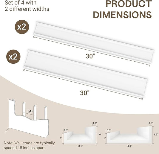 Fun Memories Picture Ledge Shelf - 30 Inches Floating Shelves Set of 4 - Floating Shelves with Lip for Storage - Wood Bookshelf Wall Mounted for Bedroom - Living Room - Kitchen - White Color