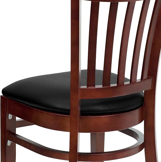 Flash Furniture HERCULES Series Vertical Slat Back Mahogany Wood Restaurant Chair - Black Vinyl Seat