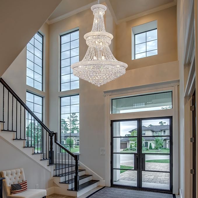 High Ceiling Chandelier 19-Lights Modern Crystal Chandeliers Silver Large Foyer Chandelier Fixtures for Staircase Living Room Hallway Entryway (H47 x W31.5)