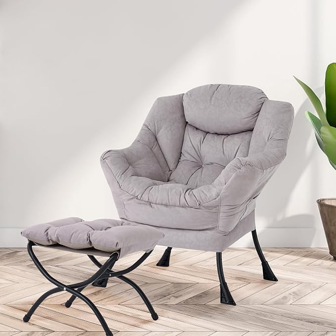 Lazy Chair with Ottoman, Modern Chair with Folding Footrest, Light Grey Accent Chair, Comfortable Reading Chair, Oversized Armchairs for Bedroom, Study, Living Room, Courtyard