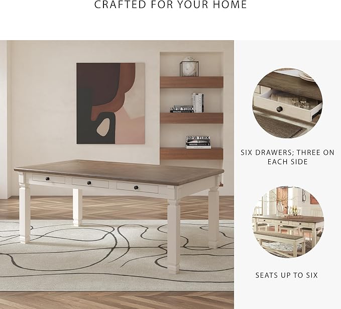 Signature Design by Ashley Bolanburg Farmhouse Rectangular Dining Table, 3 Drawers On Each Side, Seats 6, Wood, 71.88" W x 39.88" D x 31.13" H, Whitewash