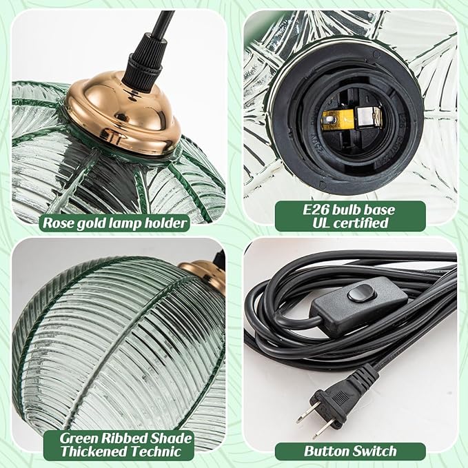 Plug in Pendant Light, Green Glass Pendant Light 14.75ft Hanging Light with Plug in Cord Hand Blown 1-Light Hanging Lamp Plug in Pendant Lighting for Kitchen Bedroom Living Dining Room