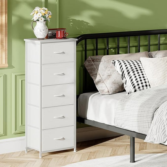 Somdot Tall Dresser for Bedroom, Chest of Drawers Storage Organizer,Steel, Non-Woven Fabric Drawers, Closet Bedside Living Room Entryway Hallway, 11.8"D x 16.5"W x 45.1"H (5 Drawers) White Leather, 1