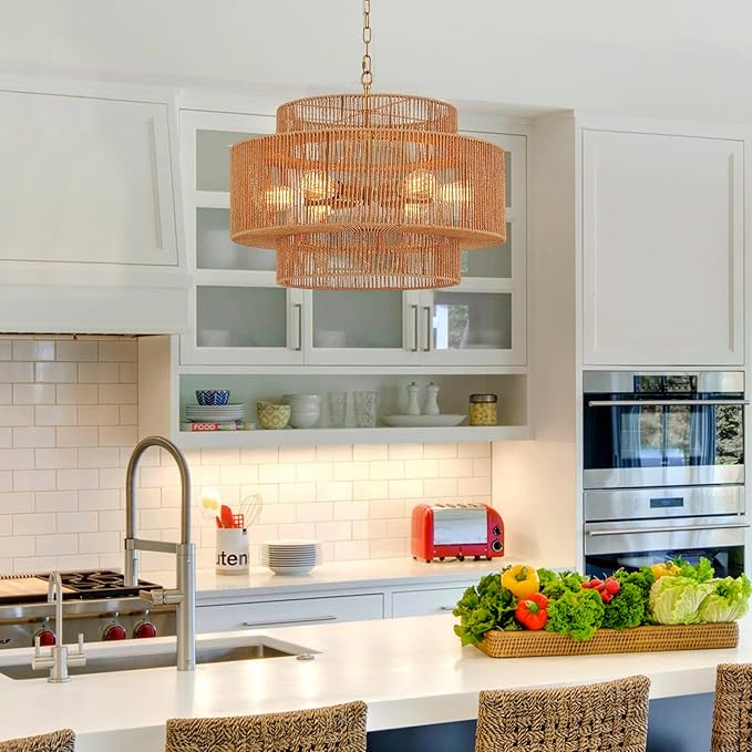 23.6" Rattan Chandelier Light Fixture Vintage 6-Lights Boho Hand-Woven Bamboo Chandeliers Retro Farmhouse 3-Tier Drum Wicker Rattan Golden Chandelier for Dining Room, Kitchen, Living Room