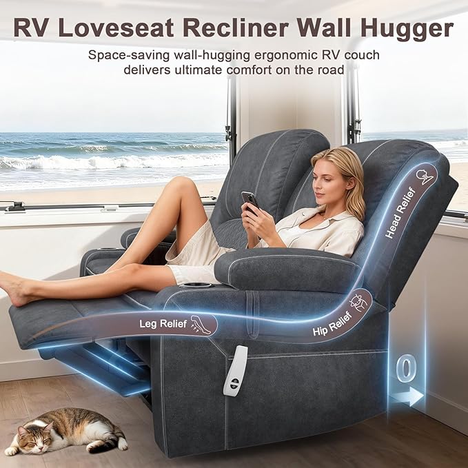 Yolsali Power Reclining Loveseat with Remote Control, Zero Wall Hugger RV Loveseat Recliner Sofa for Living Room with Removable Armrest, 2-Tier Cushions, Hidden Storage & USB Ports, Dutch Velvet Gray