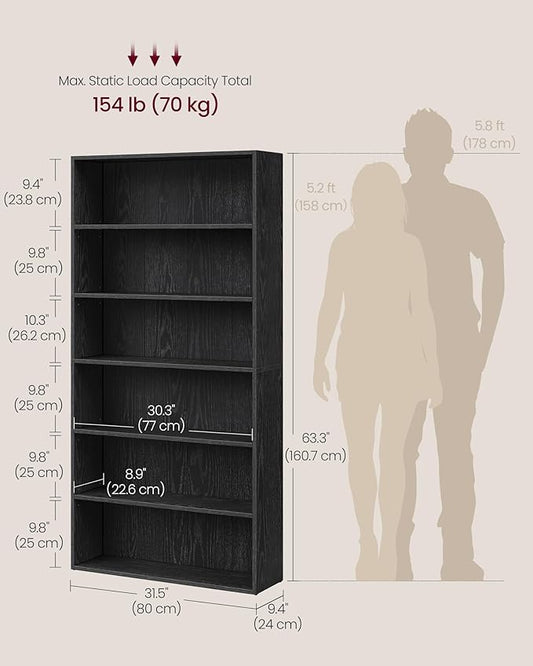VASAGLE Custos Collection - Bookshelf, 6-Tier Bookcase, Book Shelf, Open Storage Shelf, 9.4 x 31.5 x 63.3 Inches, for Living Room, Home Office, Dining Room, Ebony Black ULBC412B01