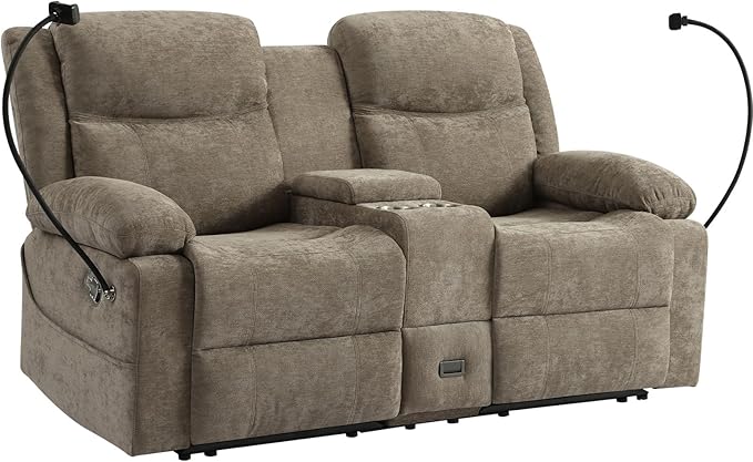 Manual Reclining Loveseat Sofa with Console, Chenille Upholstered Couch for RV, Living Room, Apartment or Office, Dual Recliners with Cup Holders, Phone Holder, Hidden Socket (Camel) | Cup Holder, Side pocket