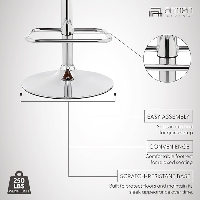 Armen Living Leland Adjustable Grey Faux Leather and Chrome Finish Bar Stool