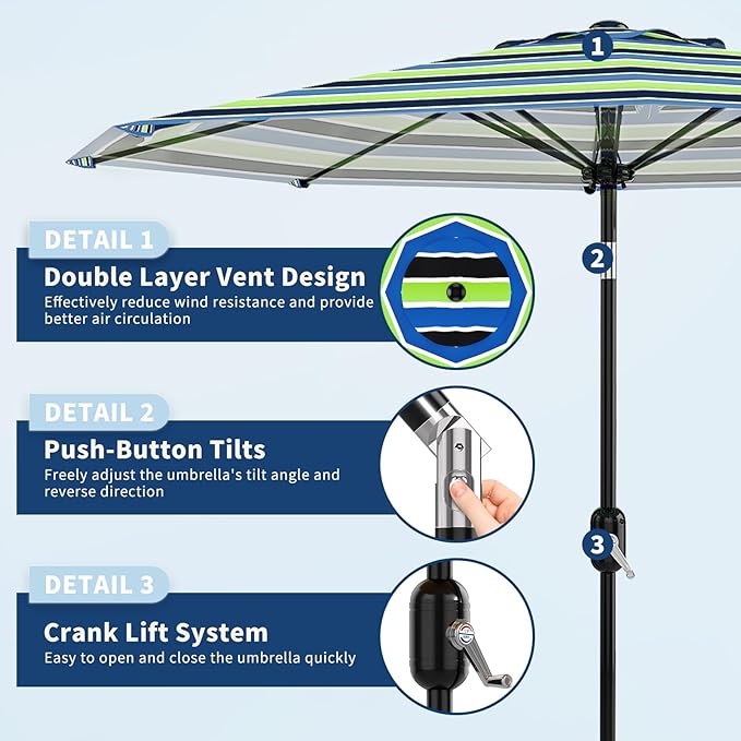 Garvee 10 ft Outdoor Patio Umbrella 8 Sturdy Ribs Outdoor Table Umbrella with Crank Lift & Push Button Tilt - UV Protection Waterproof Market Umbrellas for Pool, Deck, Yard, Garden, Tricolor Stripes