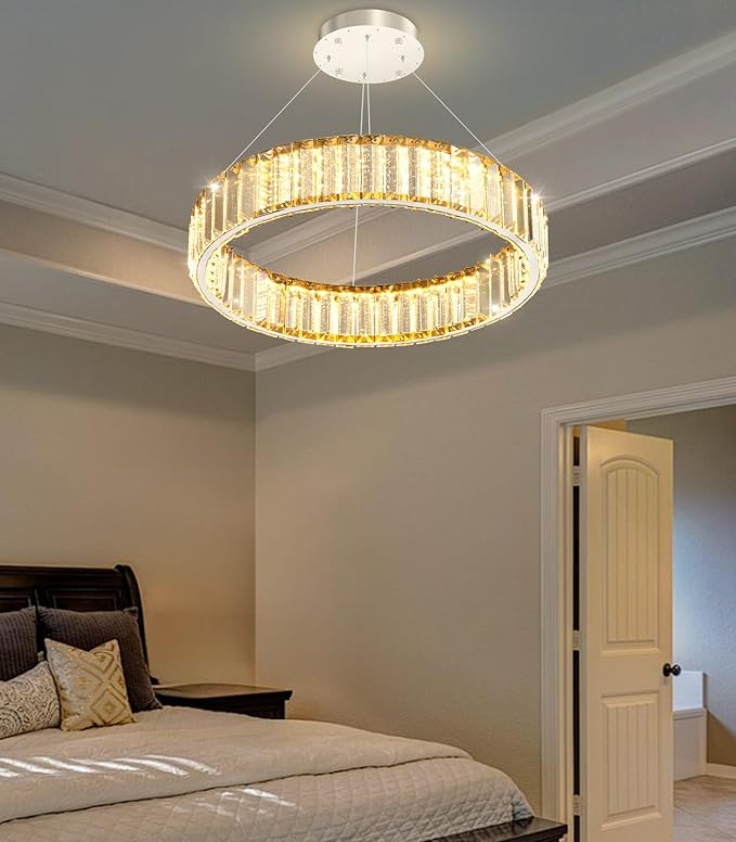 16'' Modern Ring Chandelier Crystal Chandeliers for Dining Room Round LED Dimmable Ceiling Light Fixture for Living Room Bedroom Lighting Silver