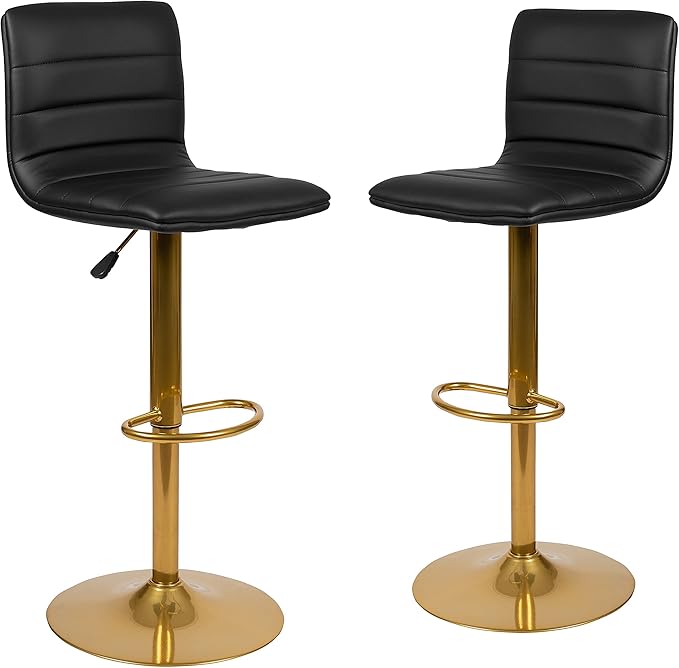 Flash Furniture Vincent Modern Black Vinyl Adjustable Bar Stool with Back, Counter Height Swivel Stool with Gold-Pedestal Base, Set of 2