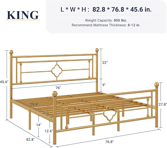 Allewie King Size Metal Platform Bed Frame with Victorian Vintage Headboard and Footboard/Mattress Foundation/Under Bed Storage/No Box Spring Needed/Noise-Free/Easy Assembly, Gold
