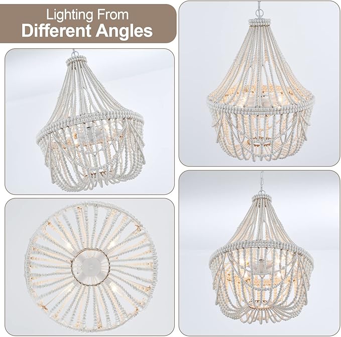 20” Bohemia Large Wood Beaded Chandelier Coastal French Country Chandelier Farmhouse Antique Pendant Light for Living Room Kitchen Island Dining Bedroom, Distressed White, UL Listed