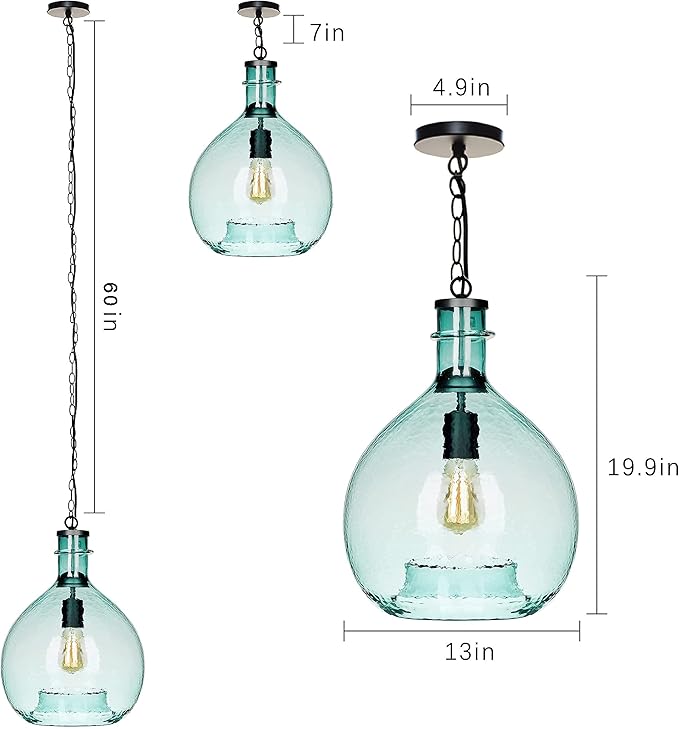 CASAMOTION Green Pendant Lights Kitchen Island Hand Blown Glass Large Entryway Foyer Hanging Light Fixtures Modern Rustic Style Dining Room Hallway Globe Shade 13 Inch Diam