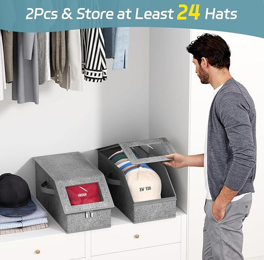 AOODA 2 PCS Stackable Hat Storage for Baseball Caps, Holds up to 24 Caps Cap Organizer for Closet, Sturdy Hat Boxes for Men with Cardboard, Slate Grey