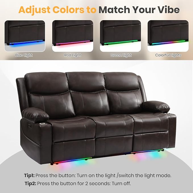Reclining Sofa, Electric 3 Seater Recliner Sofa with Colorful Light/USB/Type C/Cup Holder, Wall Hugger RV Recliners Reclining Couch for Living Room & Home Theater