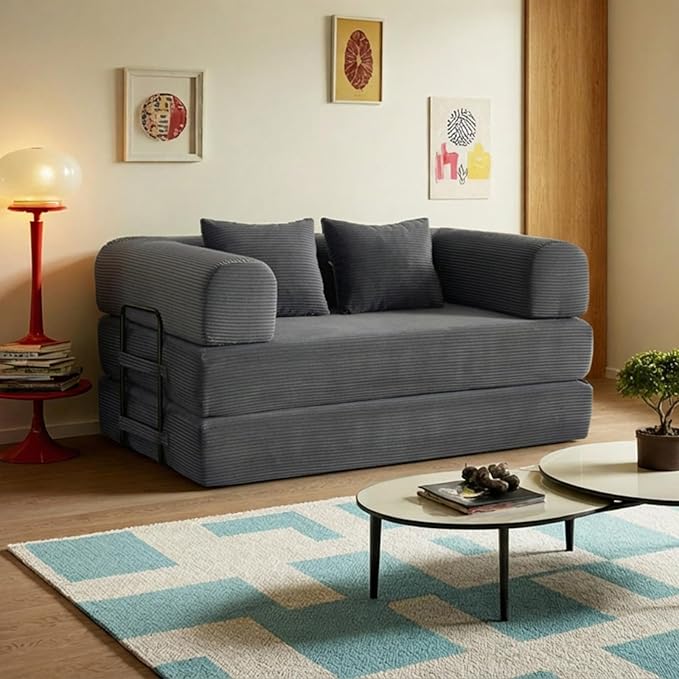 59in Convertible Sofa Bed, Corduroy Boneless Couch Bed, Futon Sleeper Sofa Pull Out Bed, Foldable Couch for Living Room Apartment, No Assembly Required