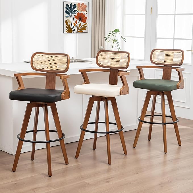 Set of 3 Counter Height Bar Stools - 27 inch Swivel Counter Stools with Walnut Craftsmanship, Cane Back, Upholstered Faux Leather, Kitchen Island Stools for Island/Pub/Kitchen (27" Seat Height, Beige)