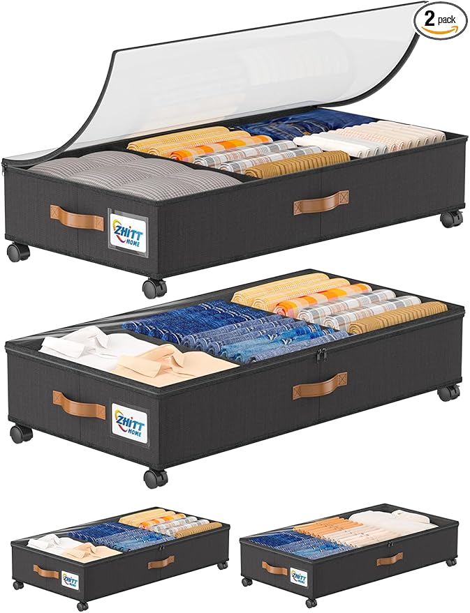 2Pack Under Bed Storage with Wheels, 58L XXL UnderBed Shoe Storage Containers, Clothes Organizer & Bedroom Furniture Organizers, Foldable Home Storage Bins for Bedroom Organization - Classic