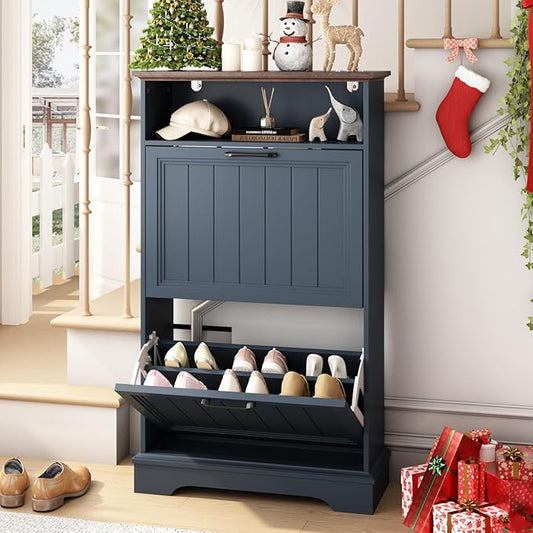 Shoe Storage Cabinet with 2 Flip Drawers, 24" W Farmhouse Modern Hidden Shoes Rack with Adjustable Shelves & Open Storage, Narrow Slim Shoe Organizer for Front Door Entrance, Entryway, Navy Blue