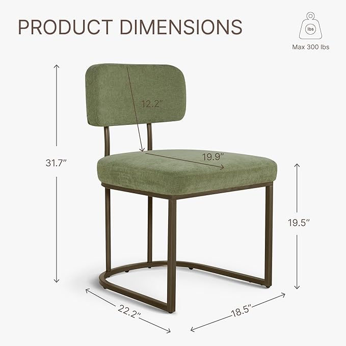 Dining Chairs Set of 2, Upholstered Modern Kitchen Chairs with Ergonomic Backrest, Fabric Cushion Seat & Wire Drawing Metal Legs for Living Room, Restaurant, and Café, Olive
