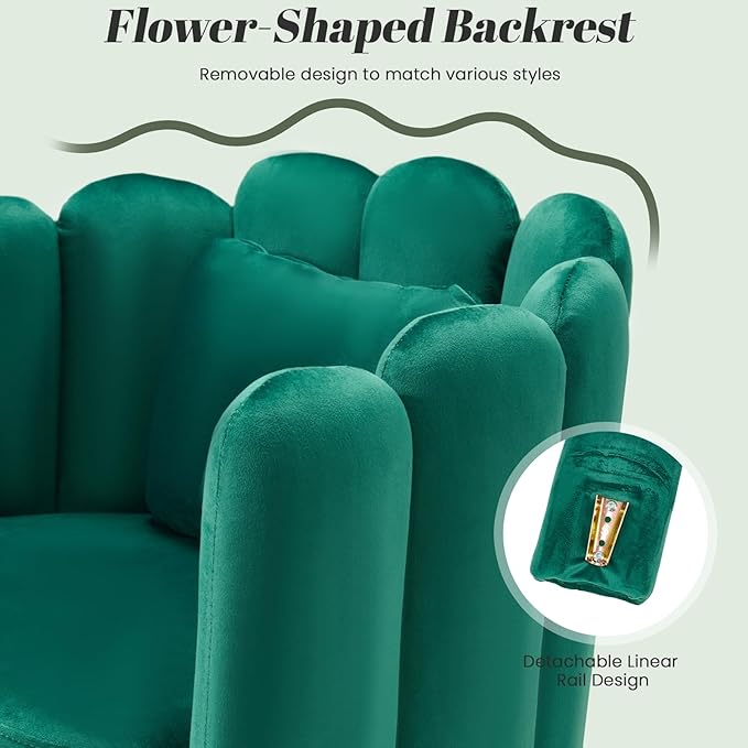 HOMREST Velvet Vanity Chair with Back,Mid-Century Modern Small Accent Chair for Living Room,Petal Backrest Decorative Chair,Pillow & Metal Legs-Plush Lounge Chair for Vanity,Living Room,Bedroom-Green