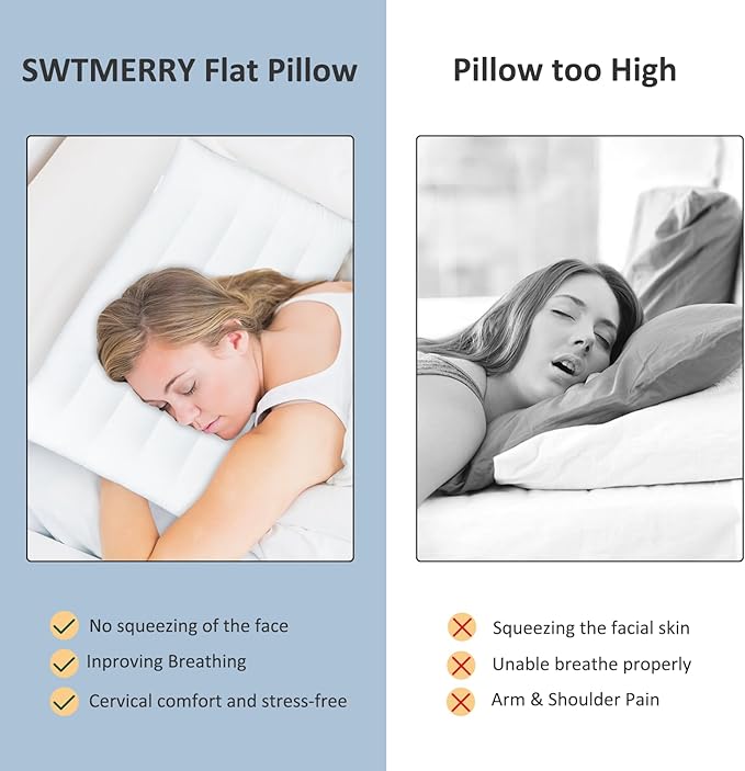 SWTMERRY Flat Pillows 2 Pack for Sleeping,Ultra Thin Bed Pillows Standard Size for Stomach and Side Sleeper 7D High Support 2.5 inch Height Slim Bed Pillow