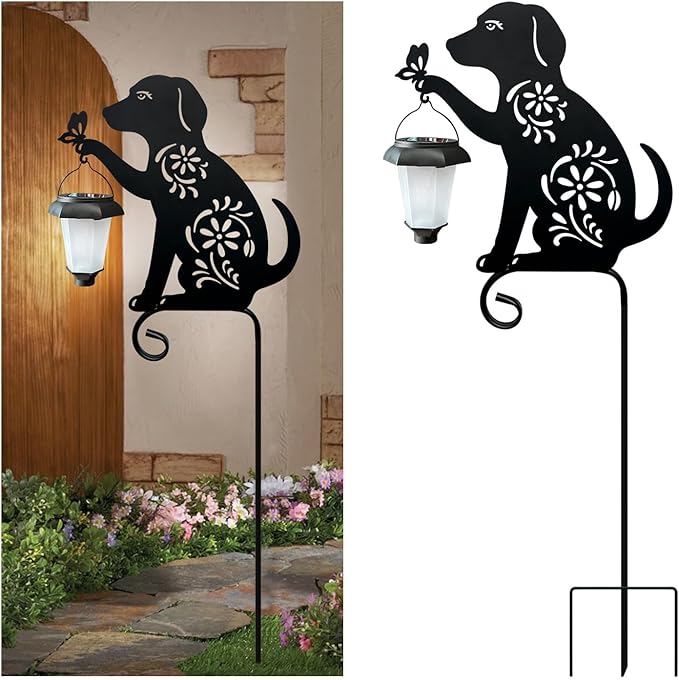 Dog Holding Solar Lantern Decorative Garden Stakes Outdoor Metal Dogs Decorative Stakes for Yard,Lawn,Patio,Pathway (Dog Decor Stakes)