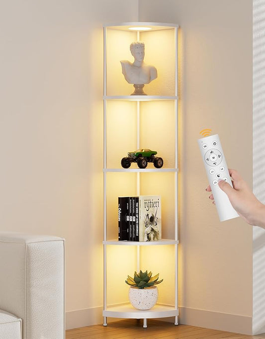Corner Shelf with RGBCW LED Light, 64.5” Tall Floor Lamp Narrow Bookshelf Organizer, Standing Shelves with Metal Pole, Display Storage Rack for Wall Corner, Living Room, Bedroom, Office Décor, White