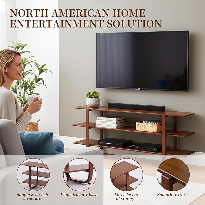 Welnow Bamboo TV Stand for Up to 65 Inch, Mid Century Modern Entertainment Center with 3-Tier Open Shelves, Storage Media Console Table for Living Room, Bedroom, Walnut