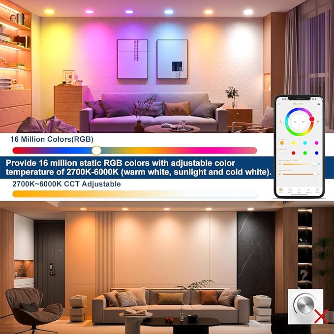 24Pack Smart Recessed Lighting 4 Inch RGBCW Color Changing 12W LED Downlight with Junction Box,1080 Lumen Recessed Ceiling Light Compatible with Alexa,Dimmable by Bluetooth Control