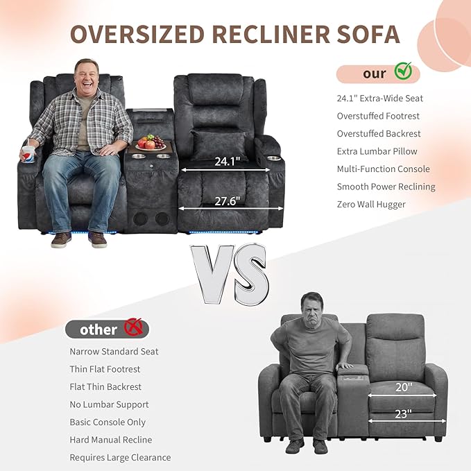 SAMERY Loveseat Recliner Sofa, Power Reclining Loveseat Sofa, Wall Hugger Recliners RV Couch with Console, Lift-Top Table, Rhythm & Ambient LED Lights, USB-C, Outlets, Velvet, Gray | Extra Wide Seat, Plush Padding, Dual Power Recline, Lift-Up Table, Am...
