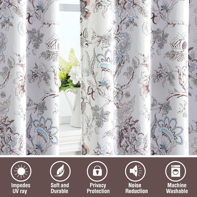 H.VERSAILTEX Blackout Curtains 108 Inch Length 2 Panels Set Floral Print Curtain Drapes for Living Room Thermal Insulated Grommet Window Curtain for Bedroom - Traditional Floral in Brown and Soft Teal