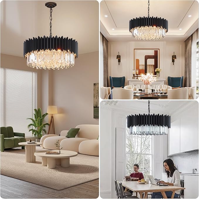 Modern Black Crystal Chandelier 24" Round Chandeliers 8-Lights Ceiling Pendant Light Fixtures 5 Tiers for Dining Room Living Room Bedroom Foyer Entryway