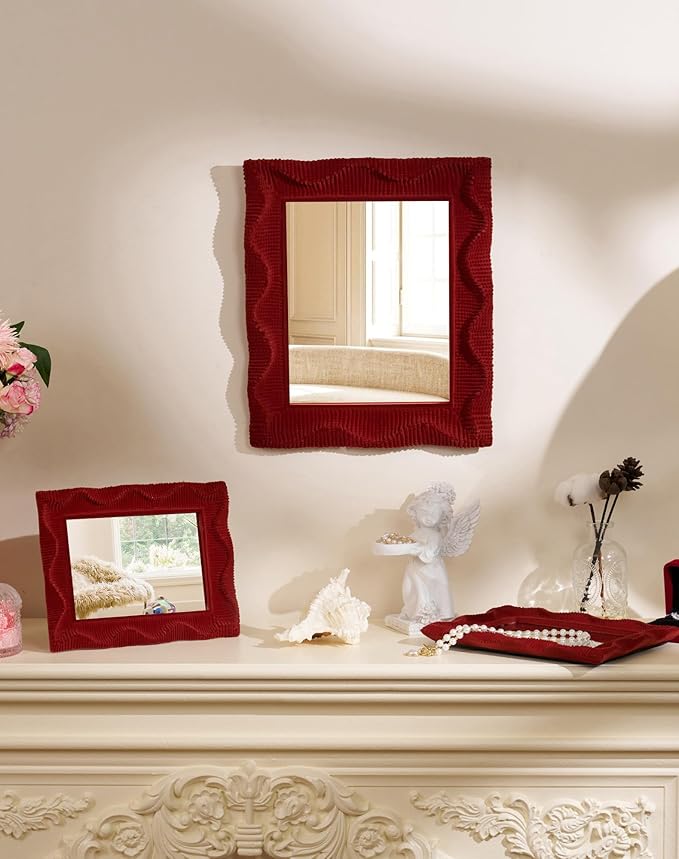 Unique Wall Mirror with Cozy Velvet-Like Touch for Bedroom Decor, 14x12 Funky Decorative Mirrors for Vintage Mid-Century Victorian Home Living Room Office Guest Room (Maroon)