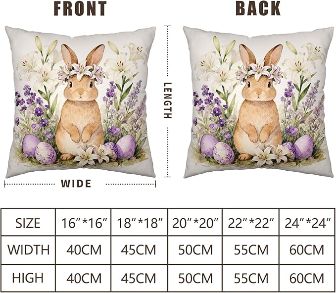 Easter Bunny Throw Pillow Covers 22x22 Set of 2 Watercolor Purple Floral Cross Pillow Covers Spring Lily Flowers Rabbit Farmhouse Decorative Throw Pillows for Home Couch Sofa Bed Porch Decor
