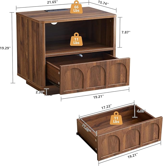 Small Nightstand Set of 2 with Charging Station, Accent Bedside Nightstand with Drawer, Mid Century Modern Bedroom Side Bed Table with Storage for Dorm, Living Room, Couch, Office - Walnut