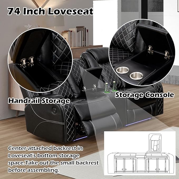 Leather Power Recliner Sofa Set with LED Light，Living Room Furniture Set, Leather Reclining Sofa Set with USB Port Storage Armrest(Loveseat, Black)
