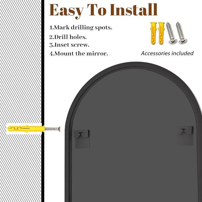Wall Mounted Mirror, 26"x38" Arched Wall Bathroom Mirror, Black Vanity Wall Mirror with Metal Frame, Modern & Contemporary Arch Top Wall Mirror for Bedroom, Entryway, Living Room,Black