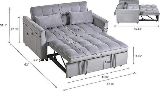 3 in 1 Convertible Sleeper Sofa Bed, 53" Pull Out Sofa Bed with 3-Level Adjustable Backrest, Velvet Fabric Loveseat Sleeper Couch for Living Room & Bedroom & Apartment & Dorm, Light Gray