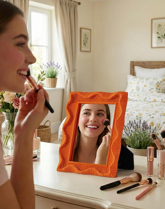 Small Decorative Mirror for Desk Makeup and Art Gallery Decor, 9.5x7.5 Funky Wall Mirror with Cozy Flocking Touch, Modern Accent for Pastel Themed Room Studio Apartment (Orange)