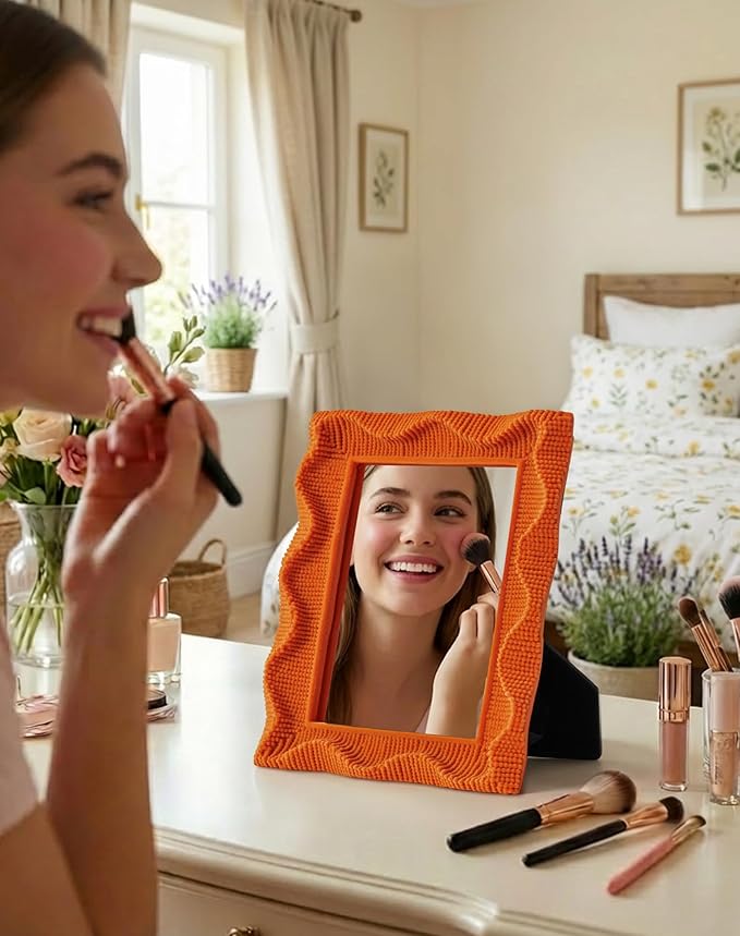 Funky Decorative Mirror for Desk and Art Gallery, 7.5x5.7 Small Wall Decor Mirror for Apartment Dorm Dresser Bedroom Nursery, Teen Girl Birthday Graduation Gift (Orange)