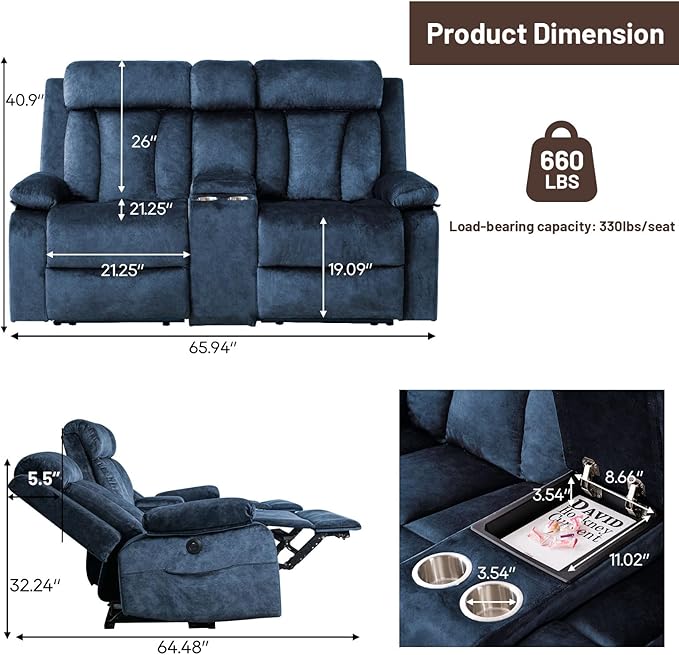 Power Loveseat Recliner Sofa with Heat and Massage, Double Recliner Loveseat with Console, RV Recliners-Wall Hugger Reclining Couch with USB & Type C for Living Room, RV,Home Theater | Heat and Massage, Cup Holder