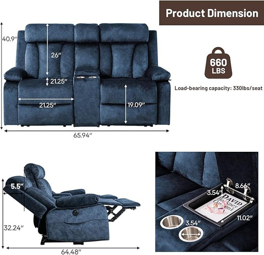 Power Loveseat Recliner Sofa with Heat and Massage, Double Recliner Loveseat with Console, RV Recliners-Wall Hugger Reclining Couch with USB & Type C for Living Room, RV,Home Theater | Heat and Massage, Cup Holder