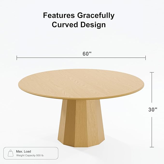Casaphoria 60" Round Dining Table, Modern Wood Kitchen Table with Cone Shaped Strip Polygonal Base for Living Room & Dining Room, Easy Assembly Farmhouse Furniture for 4-6, Oak