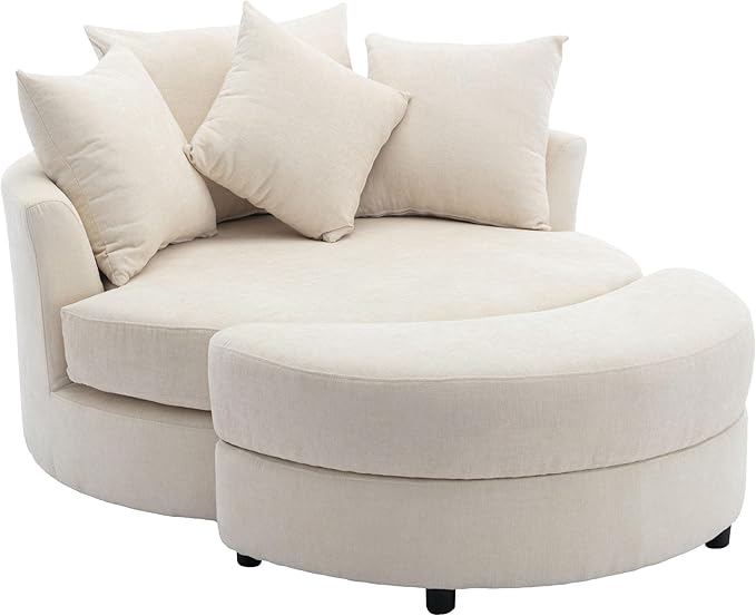 ERYE Oversized Round Accent Barrel Chair with Storage Ottoman and 360 Swivel Base, Modern Chenille Upholstered Leisure Recliner Armchair for Living Room Bedroom