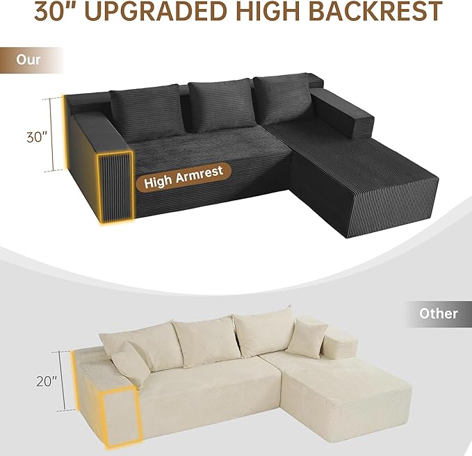 Nigoone 103" Boneless Corduroy Sectional Couch with Left Chaise, Modular L Shaped Couches for Living Room, Large Minimalist Modern Deep Seat Floor Sofa Set, No Assembly