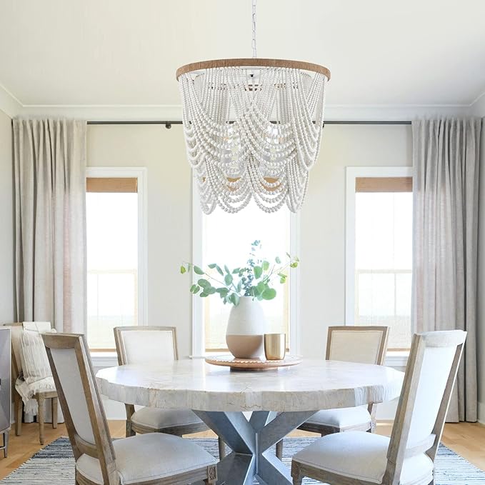 26” Boho Wood Beaded Chandelier Rustic Farmhouse Pendant Light 4-Lights Large Coastal Chandelier for Living Room Dining Room Foyer Entryway Bedroom, Oak White, E26, UL Listed