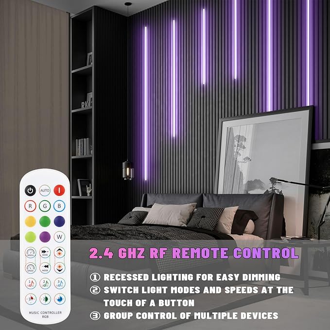 Lichaser RGB Black Smart Recessed Lighting for Acoustic Panel, 6 Pcs WiFi LED Strip Light for Wood Slat Wall Panel Compatible with Alexa, Self-Adhesive Smart LED for Slat Wall (2*24+2*16+2*13 in)