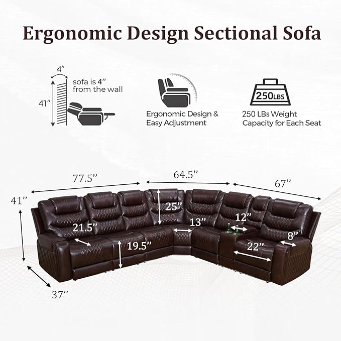 Breathing Leather Reclining Sectional Couch, 6 Seat L Shaped Sofa with 2 Power Recliner Seats, Reclining Sectional Sofa with LED Lighting/USB Port/Cup Holder/Storage (Dark Red)